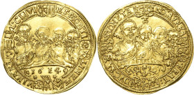 Sachsen-Mittel-Weimar 1603-1640
Johann Ernst und seine 7 Brüder 1605-1619 Goldgulden 1614, WA-Saalfeld 2. Typ. 4 ältere Hüftbilder von vorn, im Absch...