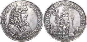 Sachsen-Neu-Weimar 1641-1728
Johann Ernst 1662-1683 Taler o.J. Weimar Geharnischtes Brustbild nach rechts, D G IOHAN ERNEST DUX SAX I C ET MONT / Wei...