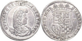 Sayn-Wittgenstein-Hohenstein
Gustav 1657-1701 2/3 Taler 1676, unbestimmte Münzstätte Typ 11 c. TANDEM FORTUNA OBSTETRICE (= Schließlich mit dem Schic...