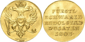 Schwarzburg-Rudolstadt
Ludwig Friedrich II. 1793-1807 Dukat 1803, Saalfeld Ausbeutedukat - aus Schwarzagold geprägt Jaeger 26 Bethe 1335 Fischer 591 ...