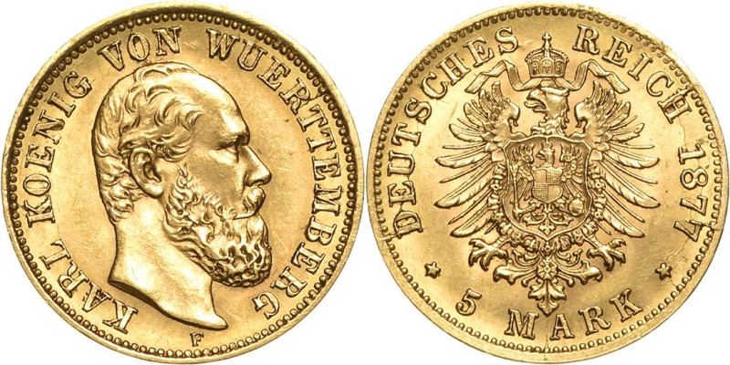 Württemberg
Karl 1864-1891 5 Mark 1877 F Jaeger 291 Vorzüglich-Stempelglanz