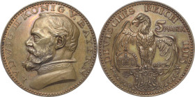 Proben und Abschläge Bayern
Ludwig III. 1913-1918 5 Mark 1913, o. Mzz. (Karl Goetz) Bronze, glatter Rand. 38 mm, 10,76 g Schaaf 53 G 1 Kienast 77 Pra...