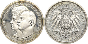 Anhalt
Friedrich II. 1904-1918 3 Mark 1914 A Silberhochzeit Jaeger 24 Avers min berührt, Polierte Platte