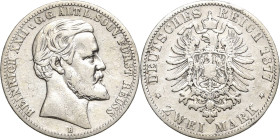 Reuss-Ältere Linie
Heinrich XXII. 1859-1902 2 Mark 1877 B Jaeger 116 Randfehler, Schön-sehr schön