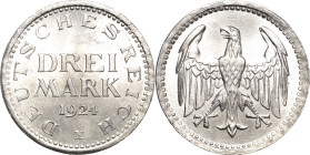 3 Mark 1924 E Kursmünze. Mit Randschrift: UNRECHT statt UND RECHT Jaeger 312 Anm. Selten. Prägebedingte Randunebenheiten, Av. Kl. Kratzer, vorzüglich-...