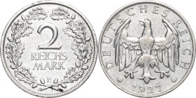 2 Reichsmark 1927 E Jaeger 320 Selten. Av. Schrötlingsfehler, sehr schön