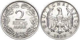 2 Reichsmark 1927 F Jaeger 320 Selten. Vorzüglich
