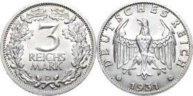 3 Reichsmark 1931 D Kursmünze Jaeger 349 Vorzüglich-Prägefrisch