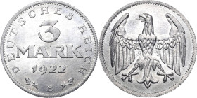 Ersatz und Inflationsmünzen 1919-1923
 3 Mark 1922 E Lichterader Prägung Jaeger 302 Sehr selten. Vorzüglich-Prägefrisch
