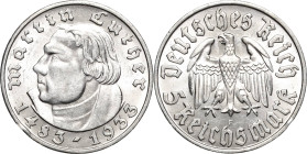 5 Reichsmark 1933 F Luther Jaeger 353 Randfehler, fast vorzüglich/vorzüglich-Stempelglanz