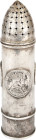 Salzstreuer um 1914. Zylinderförmiger Silberstreuer mit 3 Münzen an den Seiten (Preußen-Krönungstaler 1861. Bremen-Siegestaler 1871. Preußen-3 Mark 19...