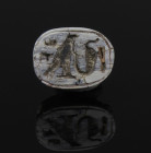 Egyptian scarab with falcon, uraeus, men-sign (Amun-Re)