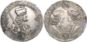 Sachsen-Kurlinie ab 1486 bis 1547 (Ernestiner)
Friedrich III., Albrecht und Johann 1486-1500 Guldengroschen o.J. (1500), Annaberg oder Wittenberg Ers...