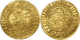 Sachsen-Kurlinie ab 1486 bis 1547 (Ernestiner)
Friedrich III., Georg und Johann 1500-1507 Goldgulden o.J. Kreuz-Leipzig Stehender St. Johannes über K...