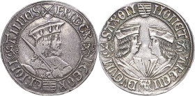 Sachsen-Kurlinie ab 1486 bis 1547 (Ernestiner)
Friedrich III., Georg und Johann 1500-1507 Guldengroschen o.J. (um 1501/1503) o. Mzz.-Annaberg Klappmü...