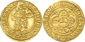 Sachsen-Kurlinie ab 1486 bis 1547 (Ernestiner)
Friedrich III., Johann und Georg 1507-1525 Goldgulden o.J., Kreuz-Leipzig Stehender St. Johannes über ...