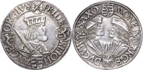 Sachsen-Kurlinie ab 1486 bis 1547 (Ernestiner)
Friedrich III., Johann und Georg 1507-1525 Guldengroschen o.J. (um 1511/1512) o.Mzz.-Annaberg Klappmüt...