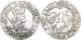 Sachsen-Kurlinie ab 1486 bis 1547 (Ernestiner)
Friedrich III., Johann und Georg 1507-1525 Guldengroschen o.J. (um 1512/1517), Avers Kreuz-Annaberg Kl...