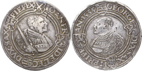 Sachsen-Kurlinie ab 1486 bis 1547 (Ernestiner)
Johann Friedrich und Georg 1534-1539 Guldengroschen 1535, Avers X-Schneeberg Keilitz 131 Schnee 74 Dav...