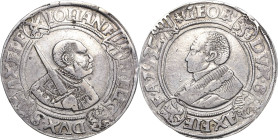 Sachsen-Kurlinie ab 1486 bis 1547 (Ernestiner)
Johann Friedrich und Georg 1534-1539 Guldengroschen 1535, Revers Morgenstern-Annaberg Keilitz 126.1 Sc...