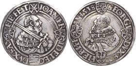 Sachsen-Kurlinie ab 1486 bis 1547 (Ernestiner)
Johann Friedrich und Georg 1534-1539 Guldengroschen 1538, T-Buchholz Brustbild Georgs mit langem Bart....