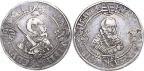 Sachsen-Kurlinie ab 1486 bis 1547 (Ernestiner)
Johann Friedrich und Heinrich 1539-1541 Guldengroschen 1540, Kreuz im Kreis-Annaberg Keilitz 152 Schne...
