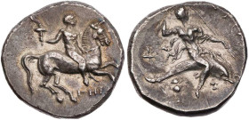 KALABRIEN TARENT
 AR-Didrachme/Nomos 272-240 v. Chr., Herakli(...) Vs.: Jüngling reitet mit Fackel auf galoppierendem Pferd n. r., Rs.: Taras reitet ...