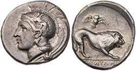 LUKANIEN VELIA / HYELE
 AR-Didrachme/Nomos 400-340 v. Chr. Vs.: Kopf der Athena mit Greifenhelm n. l., Rs.: Löwe schreitet n. r., darüber fliegende E...