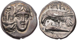 MOESIA ISTROS
 AR-Drachme 313-280 v. Chr. Vs.: zwei Jünglingsköpfe en face, der linke umgekehrt, Rs.: Seeadler auf Delphin n. l., dazwischen in den F...