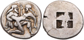 THRAKIEN THASOS
 AR-Stater 480-463 v. Chr. Vs.: ithyphallischer Satyr im Knielauf n. r., eine Nymphe davontragend, Rs.: viergeteiltes quadratum incus...