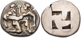 THRAKIEN THASOS
 AR-Stater 480-463 v. Chr. Vs.: ithyphallischer Satyr im Knielauf n. r., eine Nymphe davontragend, unten Theta, Rs.: viergeteiltes qu...