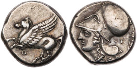 AKARNANIEN THYRRHEION
 AR-Stater 320-280 v. Chr. Vs.: Pegasus fliegt n. l., darunter Theta, Rs.: Kopf der Athena mit korinthischem Helm n. l., dahint...