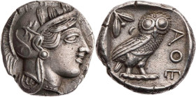 ATTIKA ATHEN
 AR-Tetradrachme 420-404 v. Chr. Vs.: Kopf der Athena mit Helm und Lorbeer n. r., Rs.: Eule steht n. r., Kopf v. v., links oben Ölzweig ...