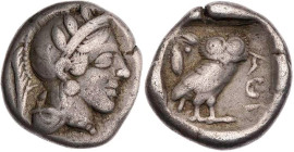 ATTIKA ATHEN
 AR-Drachme 420-404 v. Chr. Vs.: Kopf der Athena mit Helm und Lorbeer n. r., Rs.: Eule steht n. r., Kopf v. v., links oben Ölzweig, alle...