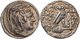 ATTIKA ATHEN
 AR-Tetradrachme 104/103 v. Chr., 3. Monat Herakleides, Eukles und Dionysog(...), Vs.: Kopf der Athena Parthenos mit dreibuschigem Helm ...