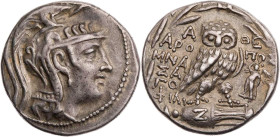 ATTIKA ATHEN
 AR-Tetradrachme 95/94 v. Chr., 6. Monat Aropos, Mnasagoras und Phili(...), Vs.: Kopf der Athena Parthenos mit dreibuschigem Helm n. r.,...