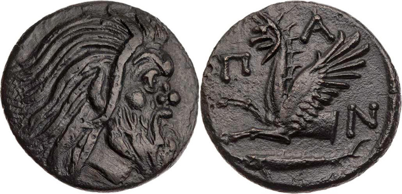 KIMMERISCHER BOSPORUS PANTIKAPAION
 AEs 310-304/3 v. Chr. Vs.: Kopf des Pan n. ...