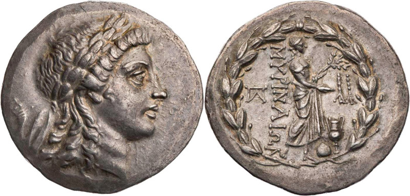 AIOLIS MYRINA
 AR-Tetradrachme 160-143 v. Chr. Vs.: Kopf des Apollon mit Lorbee...
