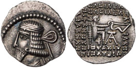 PARTHER, KÖNIGREICH DER ARSAKIDEN
Vologases I., 2. Regierung, 58-77 n. Chr. AR-Drachme Ekbatana Vs.: Büste in Ornat mit Diadem n. l., Rs.: 7-zeilige ...