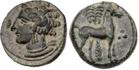 ZEUGITANIEN KARTHAGO
 AEs 400-350 v. Chr. Vs.: Kopf der Tanit mit Ährenkranz n. l., Rs.: Pferd steht vor Dattelpalme n. r., rechts im Feld drei Punkt...
