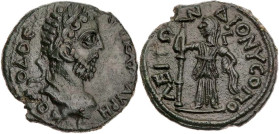 MOESIA INFERIOR DIONYSOPOLIS
Commodus, 177-192 n. Chr. AE-Triassarion 184-190 n. Chr. Vs.: Kopf mit Lorbeerkranz n. r., Rs.: verschleierte Demeter st...