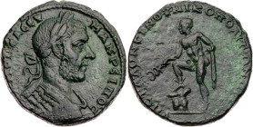 MOESIA INFERIOR NIKOPOLIS AD ISTRUM
Macrinus, 217-218 n. Chr. AE-Tetrassarion 217-218 n. Chr., Provinzlegat Statius Longinus Vs.: gepanzerte Büste mi...