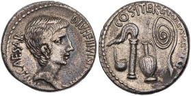 IMPERATORISCHE PRÄGUNGEN
Octavianus. AR-Denar 37 v. Chr. unbestimmte Mzst. in Italien Vs.: IMP·CAESAR - DIVI·F·IIIVIR·I[TER R P C], Kopf n. r., Rs.: ...