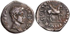 RÖMISCHE KAISERZEIT
Augustus, 27 v.-14 n. Chr. AR-Denar 19 v. Chr., Mzm. P. Petronius Turpilianus Rom Vs.: CAES[A]R [A]VGVSTVS, Kopf n. r., Rs.: P·PE...