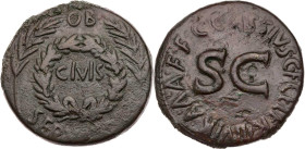 RÖMISCHE KAISERZEIT
Augustus, 27 v.-14 n. Chr. AE-Sesterz 17 v. Chr., Mzm. C. Cassius Celer Rom Vs.: OB / CIVIS / SERV[ATOS], Eichenkranz (corona civ...