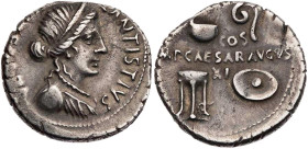 RÖMISCHE KAISERZEIT
Augustus, 27 v.-14 n. Chr. AR-Denar 16 v. Chr., Mzm. C. Antistius Vetus Rom Vs.: [C] ANTISTIVS - [VETVS III·VIR], drapierte Büste...