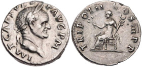 RÖMISCHE KAISERZEIT
Vespasianus, 69-79 n. Chr. AR-Denar Januar - Juni 70 n. Chr. Rom Vs.: IMP CAES VES-P AVG P M, Kopf mit Lorbeerkranz n. r., Rs.: T...