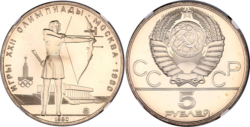 Russia - USSR 5 Roubles 1980 NGC MS67

Y# 179, N# 32769; Silver; With full min...