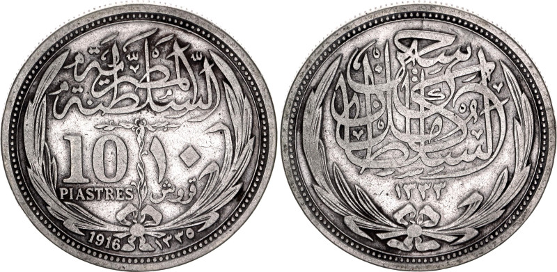 Egypt 10 Piastres 1916 AH 1335

KM# 319, N# 6040; Silver; Hussein Kamel; VF+