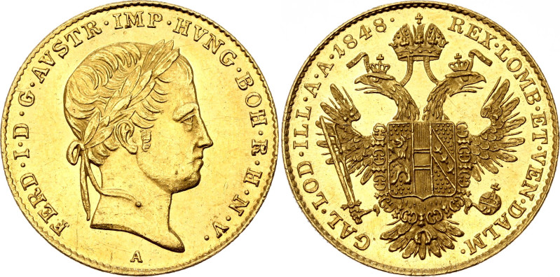 Austria 1 Dukat 1848 A

KM# 2262, N# 33654; Gold (.986) 3.49 g.; Ferdinand I; ...